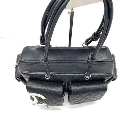 Chanel Cambon Multi-pocket Ligne Reporter Bag Large Black Calfskin Leather White Logo