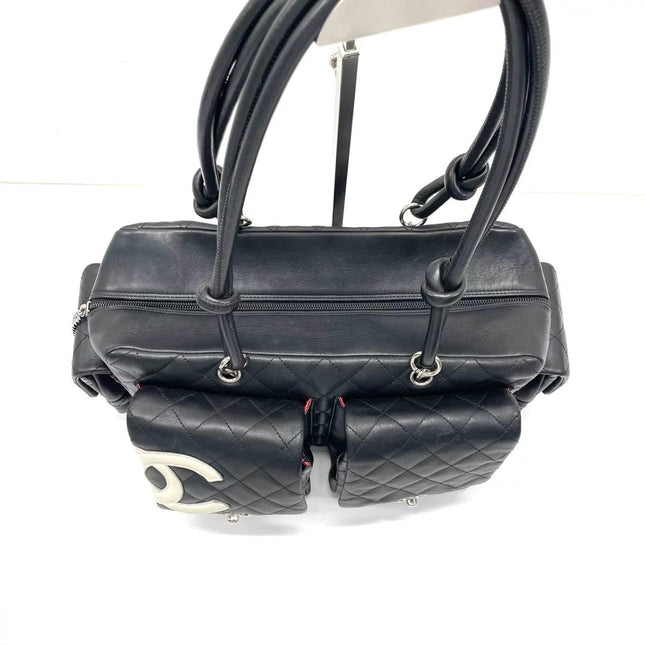 Chanel Cambon Multi-pocket Ligne Reporter Bag Large Black Calfskin Leather White Logo