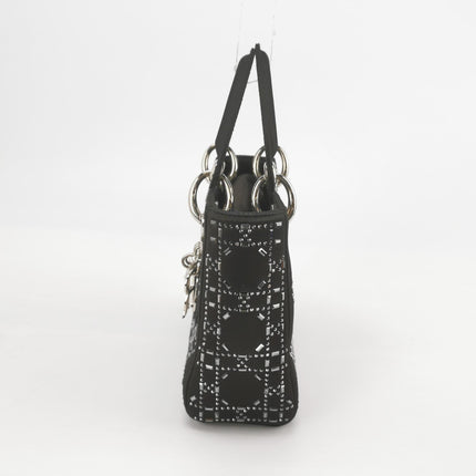 Lady Dior Mini Black Silk with Crystals Silver Hardware