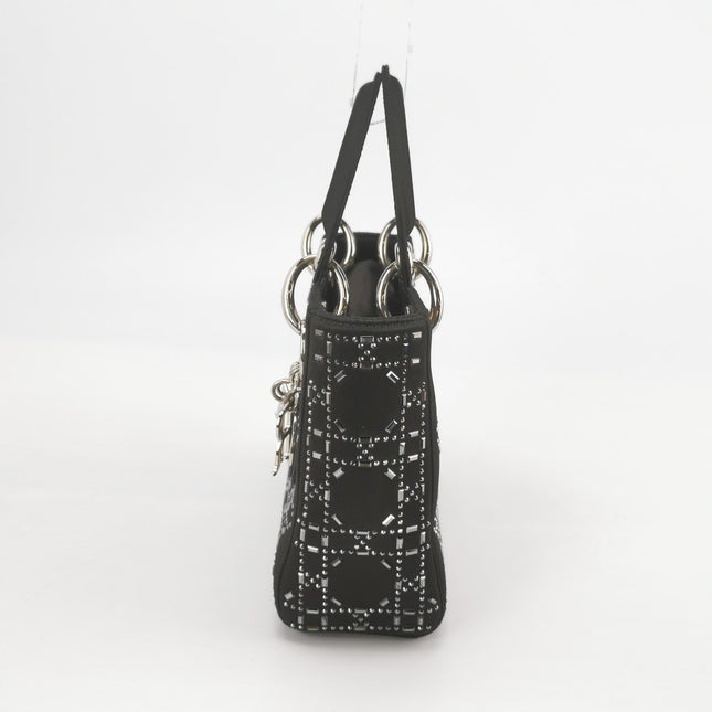 Lady Dior Mini Black Silk with Crystals Silver Hardware