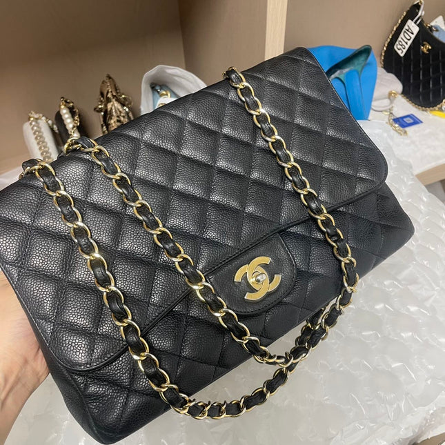 Chanel Classic Flap Jumbo 2009 Black Caviar Leather Single Flap Gold Hardware