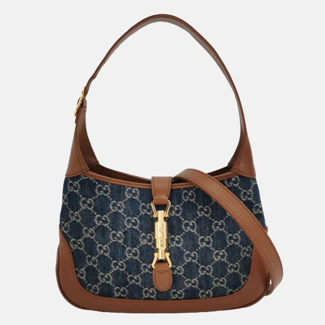 Gucci Jackie 1961 Small Handbag in Blue Monogram Denim and Brown Leather-Luxbags