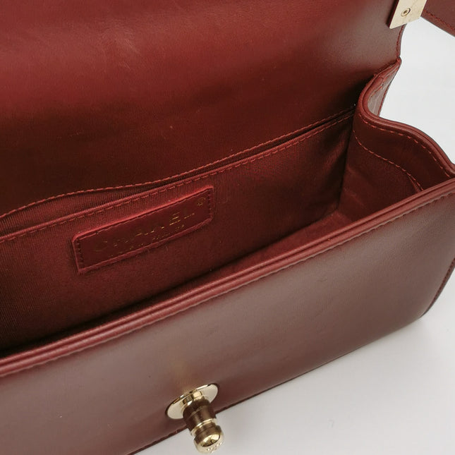 Chanel Le Boy Small Burgundy Lambskin Leather Antiqued Gold Hardware