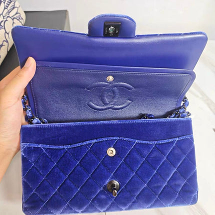 Chanel Classic Flap Medium Royal Blue Velvet Silver Hardware