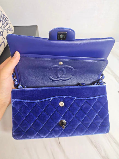 Chanel Classic Flap Medium Royal Blue Velvet Silver Hardware