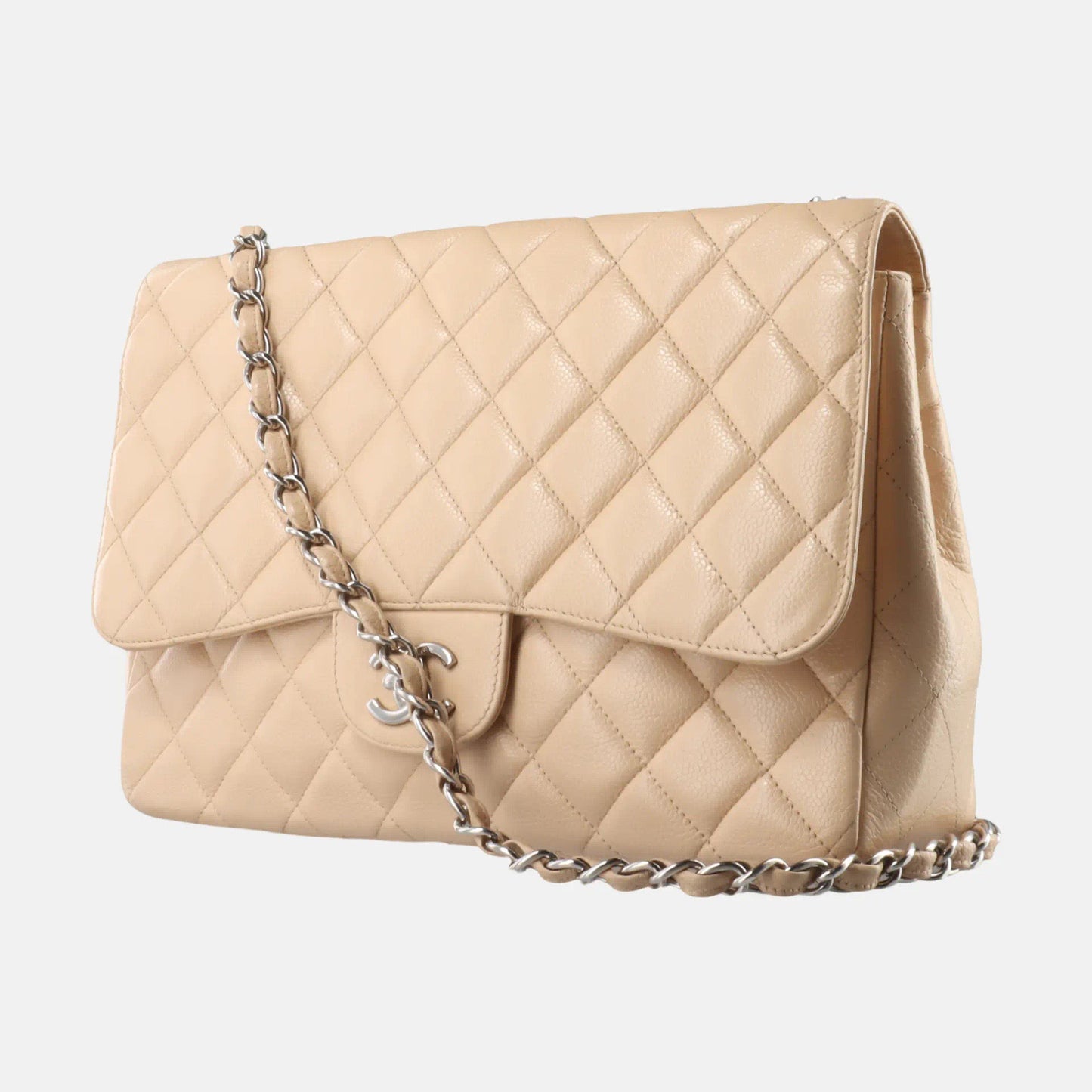 Sold Chanel Classic Flap Jumbo 2010 Beige Caviar Leather Single Flap with Silver Hardware