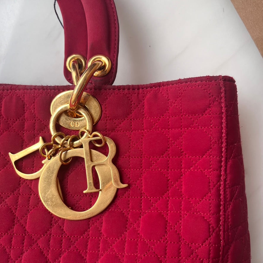 Lady Dior Vintage Large Burgundy Cloth with Yellow Gold-tone Hardware