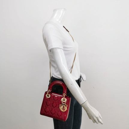 Sold Lady Dior Mini Handbag Red Patent Leather Gold-tone Leather and Chain Strap