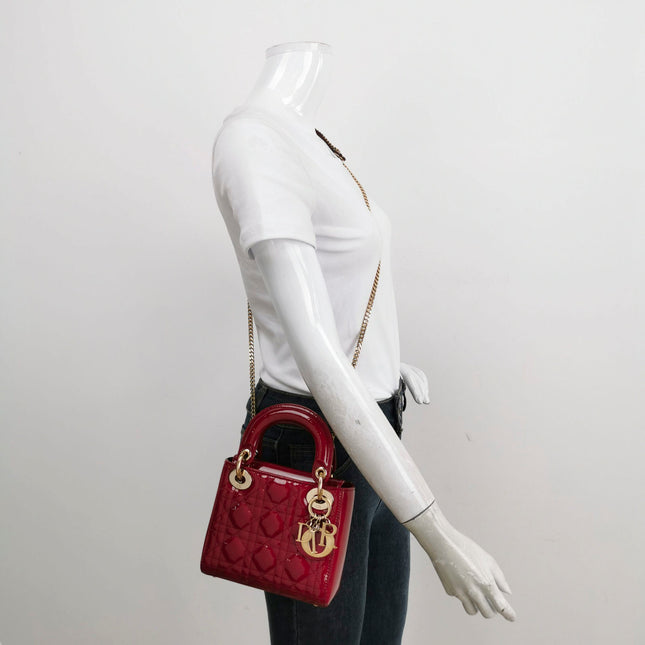 Sold Lady Dior Mini Handbag Red Patent Leather Gold-tone Leather and Chain Strap