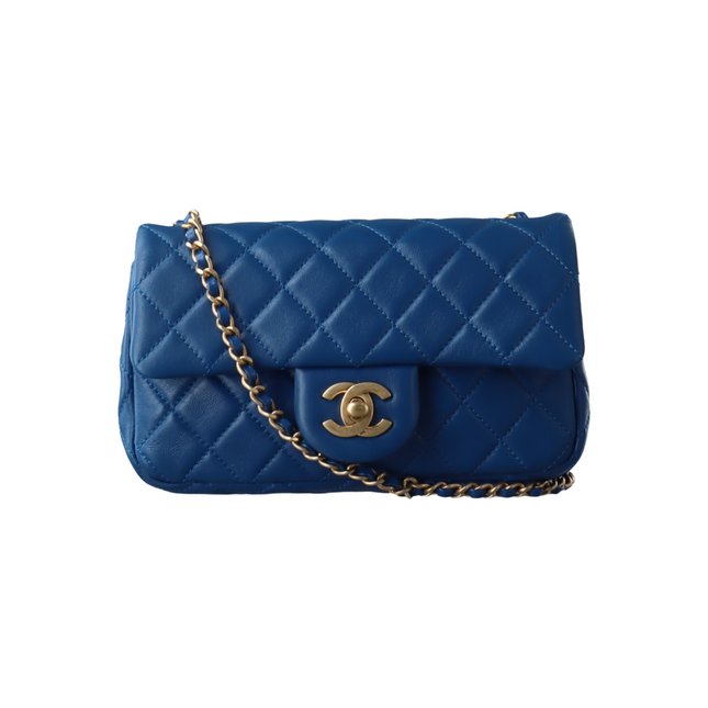 Chanel Classic Flap Rectangular Mini Blue Lambskin Pearl Crush Adjustable Gold Ball Chain-Luxbags