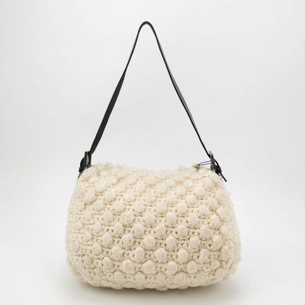 Fendi Mamma Baguette White Crochet Pompom Shoulder Bag
