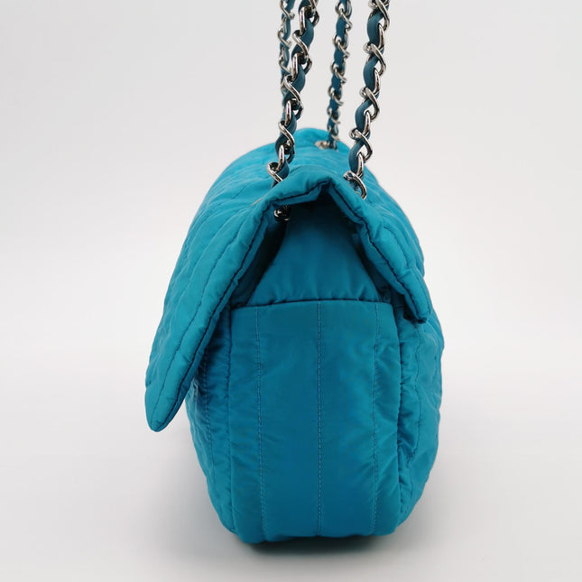 Chanel Blue Quilted Nylon Puffer Jumbo Flap Bag Chain Strap