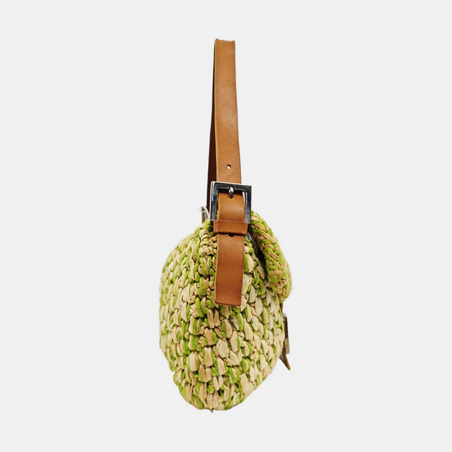 Fendi Baguette Raffia Straw Green Shoulder Bag
