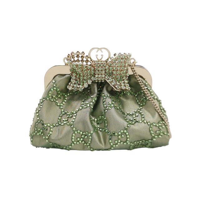 Gucci Mini Crystal Monogram and Bow Green Nylon Clutch With Chain-Luxbags