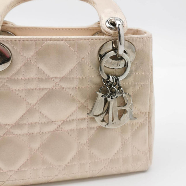 Sold Lady Dior Mini 2004 Beige Silk Handbag Silver Hardware