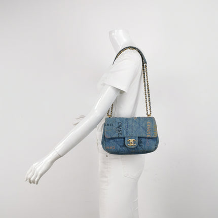 Chanel Classic Flap Mini Rectangular Blue Denim Jeans Gold Hardware Microchip