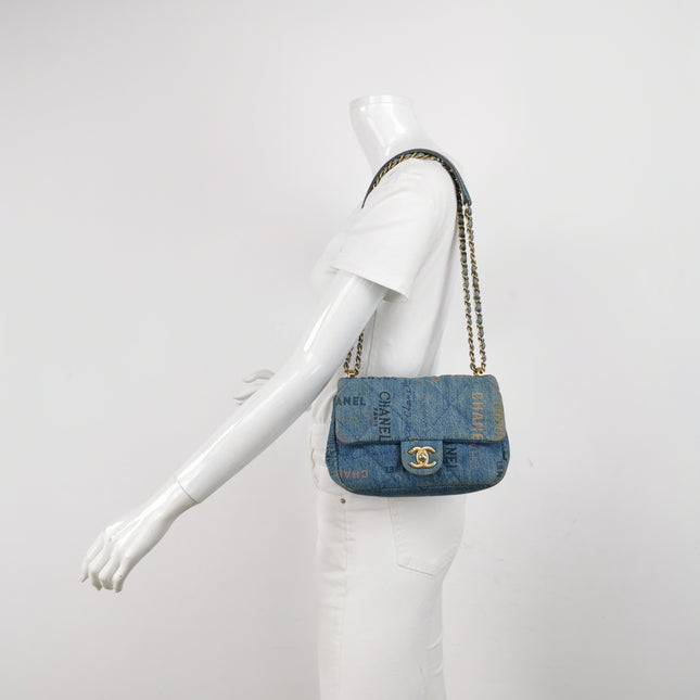 Chanel Classic Flap Mini Rectangular Blue Denim Jeans Gold Hardware Microchip