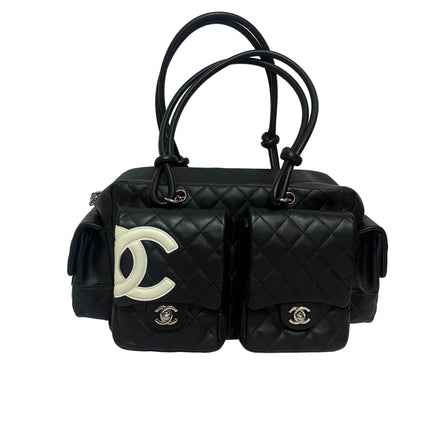 Chanel Cambon Multi-pocket Ligne Reporter Bag Large Black Calfskin Leather White Logo