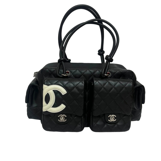 Chanel Cambon Multi-pocket Ligne Reporter Bag Large Black Calfskin Leather White Logo