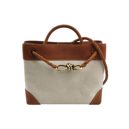 Bottega Veneta Small Andiamo Tan Brown Leather and Beige Canvas Handbag-Luxbags