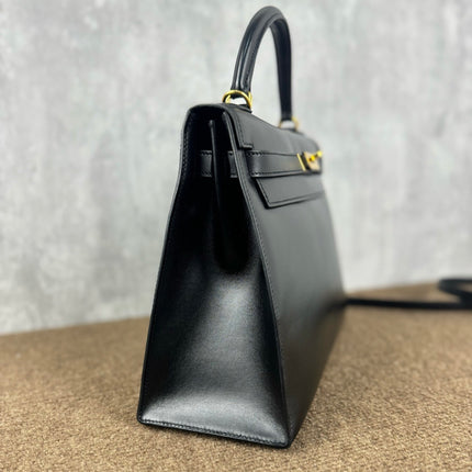Hermes Kelly 32 Sellier Black Box Leather Double Ring Gold HW