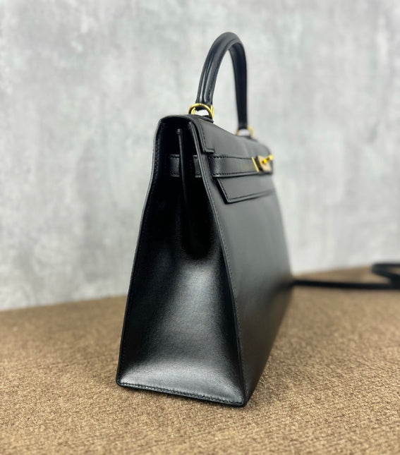 Hermes Kelly 32 Sellier Black Box Leather Double Ring Gold HW