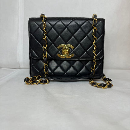 Chanel Vintage Flap Bag Medium Black Lambskin Leather Mega CC Gold Hardware