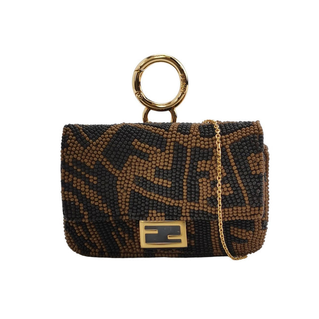 Fendi Nano Baguette Charm Beaded Brown Zucca Psychedelic Print Chain Strap-Luxbags