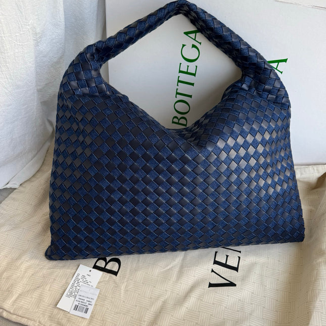 Bottega Veneta Hop Large Leather and Denim Intrecciato Navy Hobo Bag 55cm