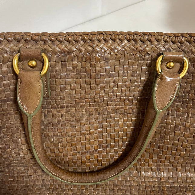 Prada Madras Brown Woven Leather Top Handle Shopping Tote
