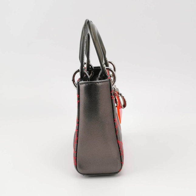 Sold Lady Dior Mini Grey Leather with Red Cannage Stitching 2011 Dior X Anselm Reyle Collection