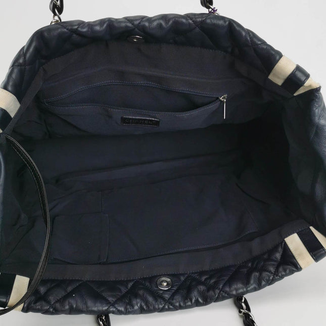 Chanel CC Shopping Tote Medium Cannage Lambskin Leather Navy with White Stripes