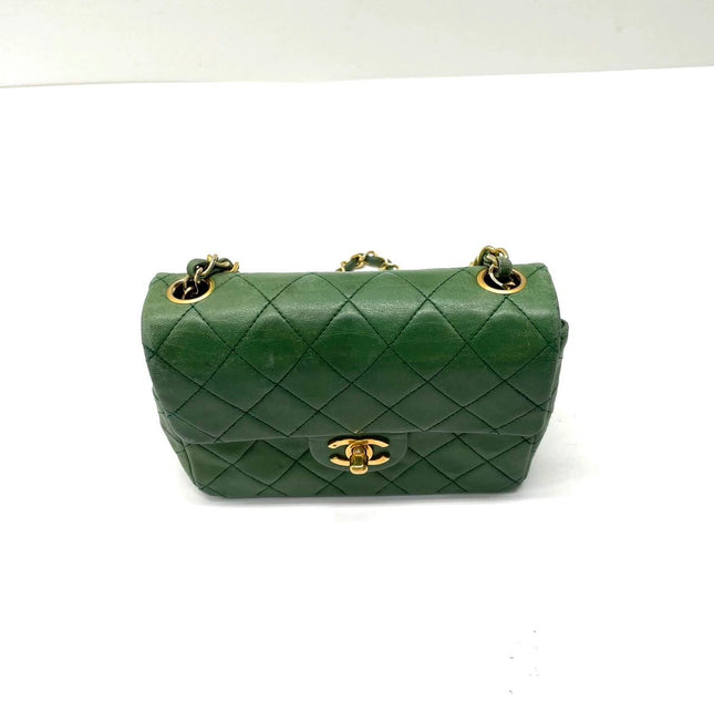 Chanel Vintage Classic Flap Mini Square Green Lambskin 24k Gold HW, 1989-1991