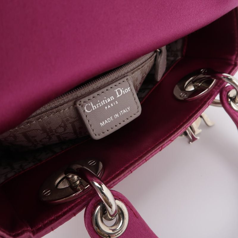 Lady Dior Mini Pink Silk with Silver Hardware