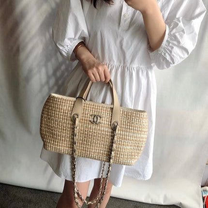 Sold Chanel Deauville Chain Shoulder Bag Beige Raffia and Tweed