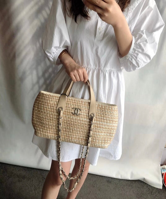 Sold Chanel Deauville Chain Shoulder Bag Beige Raffia and Tweed