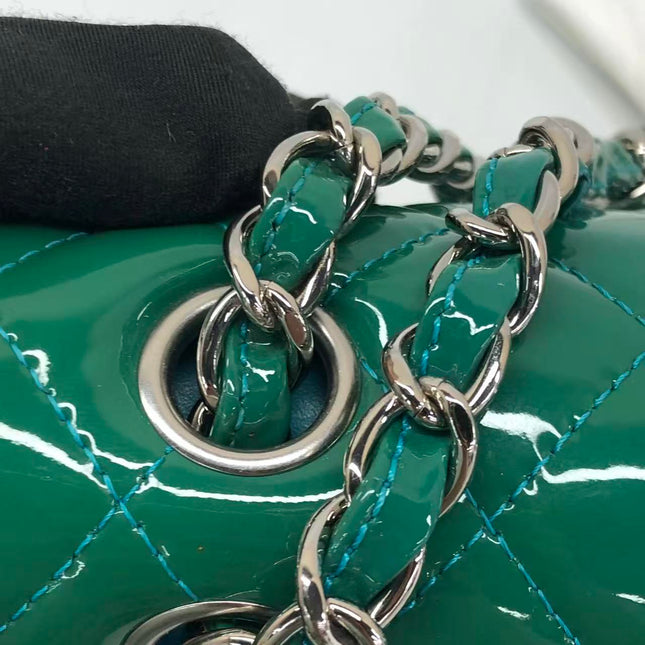 Chanel Classic Flap Medium Teal Blue Green Patent Leather Silver Hardware 2014-15