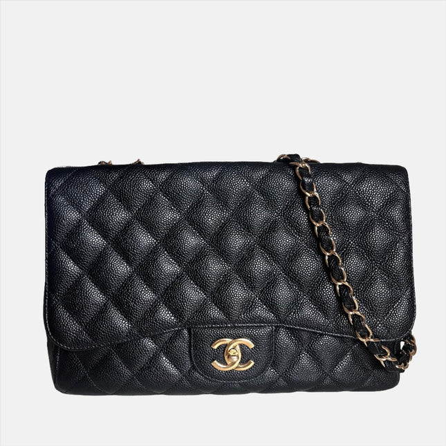 Sold Chanel Classic Flap 2009 Jumbo Black Caviar Leather Single Flap with Gold Hardware