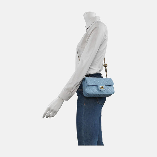 Chanel Classic Flap Mini Baby Blue Lambskin Pearl Crush Adjustable Gold Ball Chain