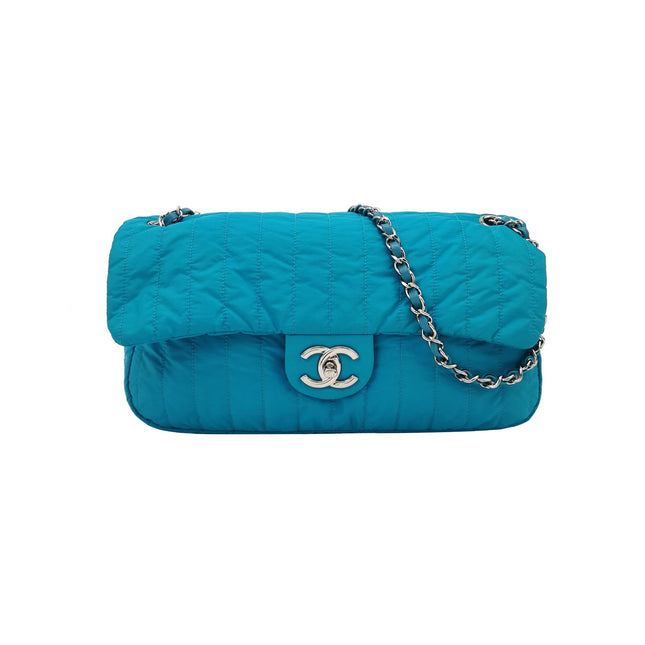Chanel Blue Quilted Nylon Puffer Jumbo Flap Bag Chain Strap-Luxbags