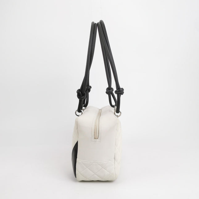 Chanel Cambon Medium Shoulder Bag White Calfskin Leather Black Double Strap
