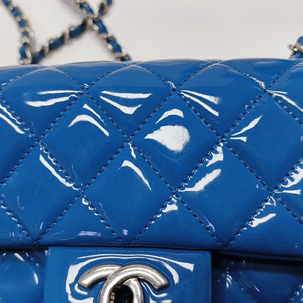 Chanel Classic Flap Mini Blue Patent Leather Silver Hardware
