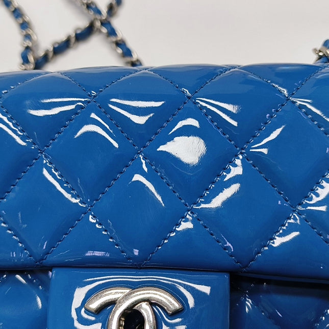 Chanel Classic Flap Mini Blue Patent Leather Silver Hardware