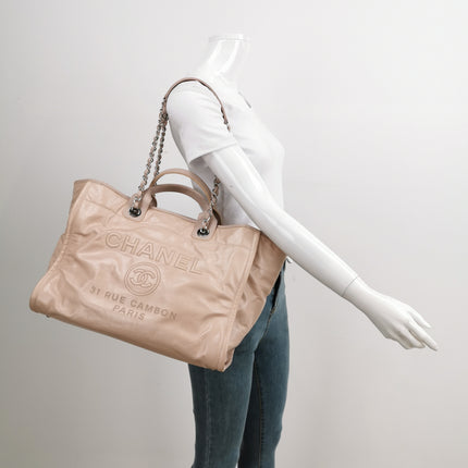 Chanel Deauville Tote Medium Pink Leather Top Handle Leather Chain Straps