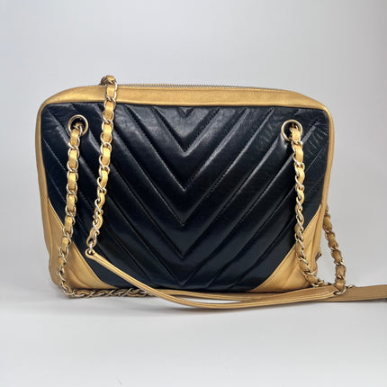 Sold Chanel Chevron Black and Gold Shoulder Bag
