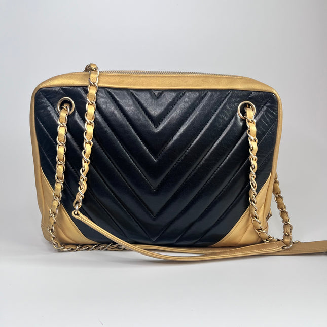 Sold Chanel Chevron Black and Gold Shoulder Bag