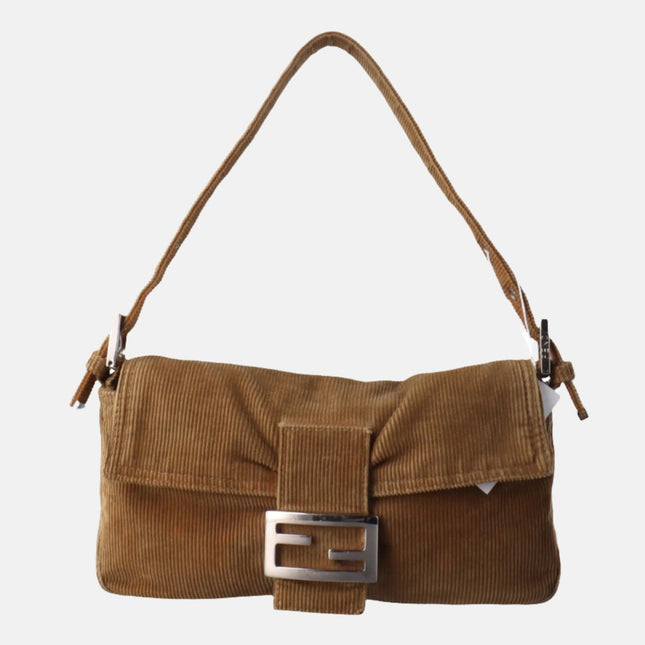 FENDI Baguette Vintage Corduroy Beige Brown Shoulder Bag-Luxbags