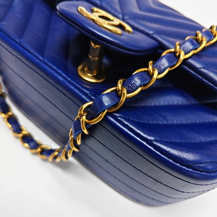 Chanel Classic Flap Mini Square Chevron Stitching Blue Lambskin Gold Hardware Crossbody Bag