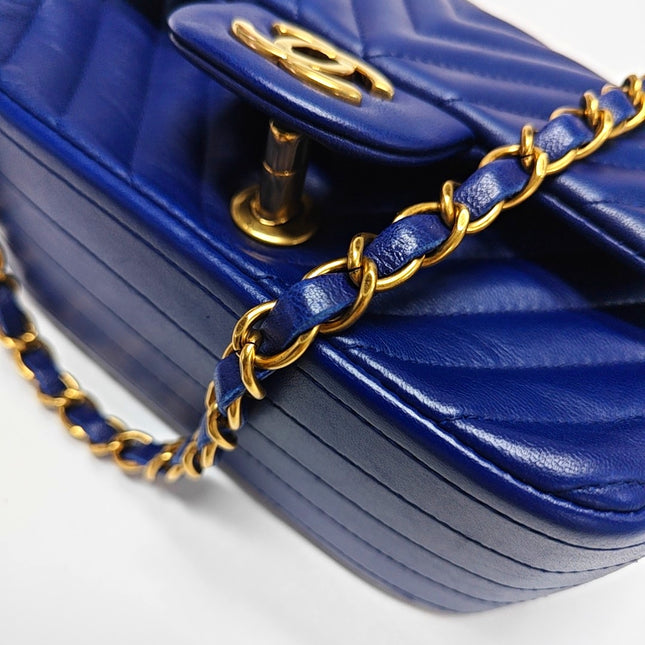 Chanel Classic Flap Mini Square Chevron Stitching Blue Lambskin Gold Hardware Crossbody Bag