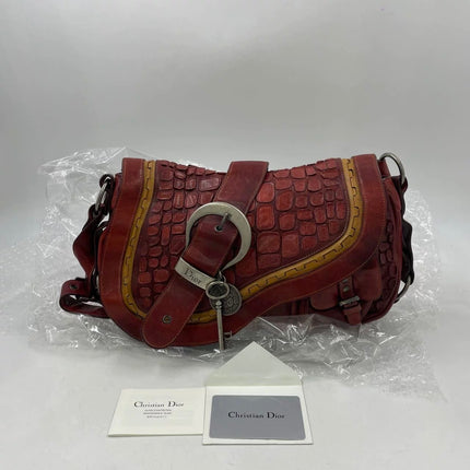 Dior Vintage Gaucho Large Red Leather Crocodile Embossed Crossbody Bag